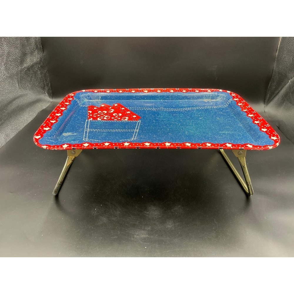 Vintage 70s Metal TV Lap Tray Folding Legs Denim Bandana Western Pocket Blue